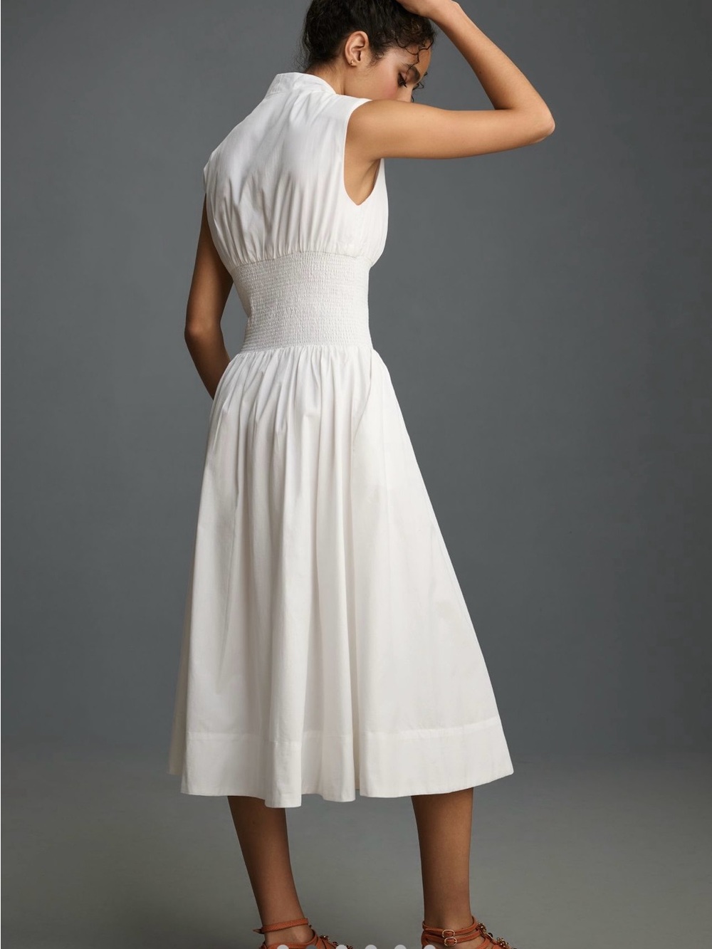 Anthropologie White Sleeveless Zip-Front Smocked-Waist Midi Dress - Picture 2 of 9
